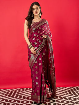 Akhilam - Women's Nylon Purple Woven Design Saree with Unstitched Blouse