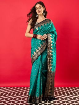 Akhilam - Women's Nylon Turquoise Woven Design Saree with Unstitched Blouse
