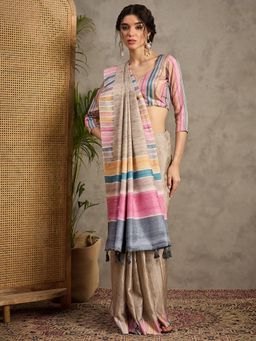 Akhilam - Women's Satin Silk Printed Saree with Unstitched Blouse