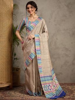 Akhilam - Women's Satin Silk Printed Saree with Unstitched Blouse
