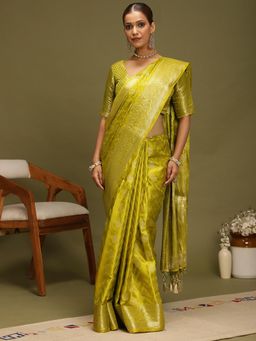 Akhilam - Women's Banarasi Silk Green Woven Design Saree with Unstitched Blouse