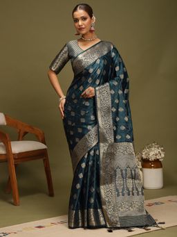 Akhilam - Women's Banarasi Silk Teal Woven Design Saree with Unstitched Blouse