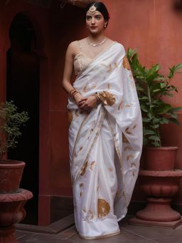 Akhilam - Women's Georgette White Embellished Saree with Unstitched Blouse