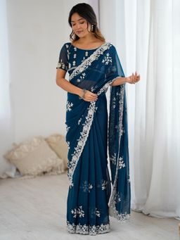 Akhilam - Women's Georgette Teal Blue Embellished Saree with Unstitched Blouse