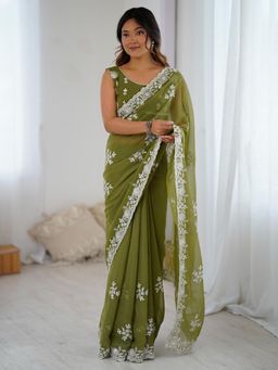 Akhilam - Women's Georgette Olive Embellished Saree with Unstitched Blouse