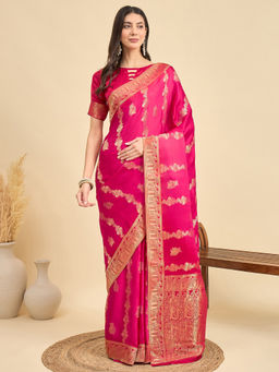Akhilam - Women's Viscose Pink Woven Design Saree with Unstitched Blouse