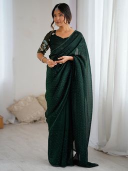 Akhilam - Women's Tissue Dark Green Embellished Saree with Unstitched Blouse
