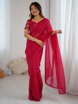 Akhilam - Women's Tissue Pink Embellished Saree with Unstitched Blouse