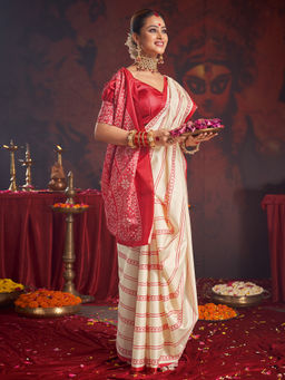 Akhilam - Women's Silk Blend Off White Printed Saree with Unstitched Blouse