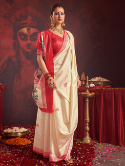 Akhilam - Women's Silk Blend Off White Printed Saree with Unstitched Blouse