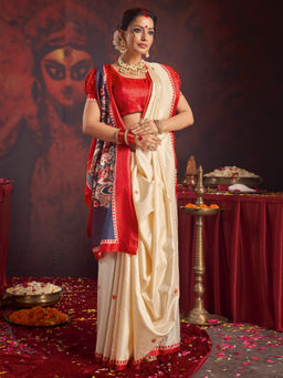 Akhilam - Women's Silk Blend Off White Printed Saree with Unstitched Blouse