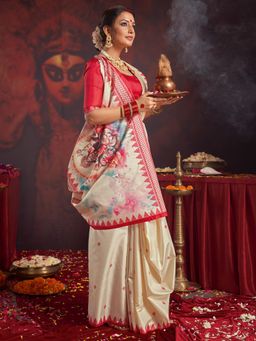 Akhilam - Women's Silk Blend Off White Printed Saree with Unstitched Blouse