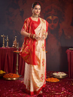 Akhilam - Women's Silk Blend Off White Printed Saree with Unstitched Blouse