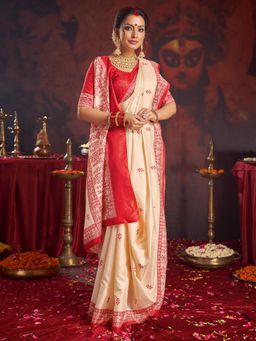 Akhilam - Women's Silk Blend Off White Printed Saree with Unstitched Blouse