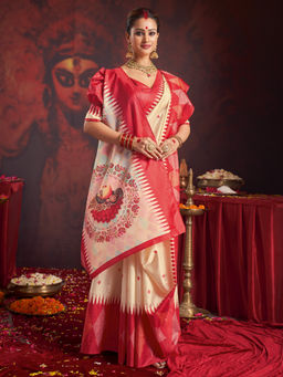 Akhilam - Women's Silk Blend Off White Printed Saree with Unstitched Blouse