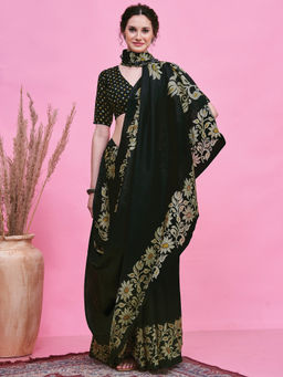 Akhilam - Women's Cotton Slub Black Printed Saree with Unstitched Blouse