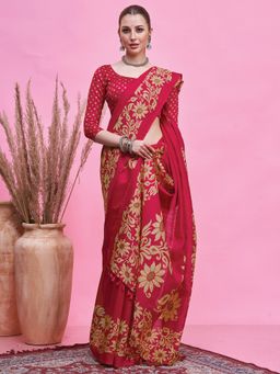 Akhilam - Women's Cotton Slub Red Printed Saree with Unstitched Blouse