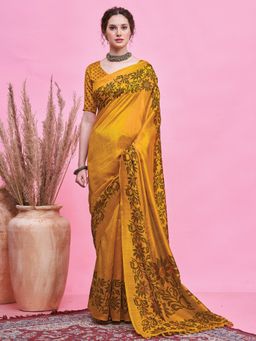 Akhilam - Women's Cotton Slub Mustard Printed Saree with Unstitched Blouse