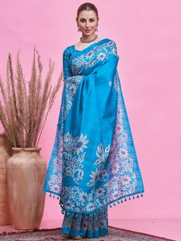 Akhilam - Women's Cotton Slub Light Blue Printed Saree with Unstitched Blouse