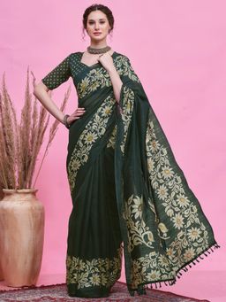 Akhilam - Women's Cotton Slub Dark Green Printed Saree with Unstitched Blouse