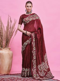 Akhilam - Women's Cotton Slub Maroon Printed Saree with Unstitched Blouse