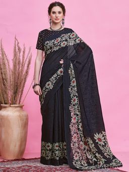 Akhilam - Women's Cotton Slub Black Printed Saree with Unstitched Blouse