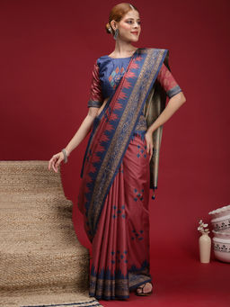 Akhilam - Women's Silk Blend Maroon Digital Print Saree with Unstitched Blouse