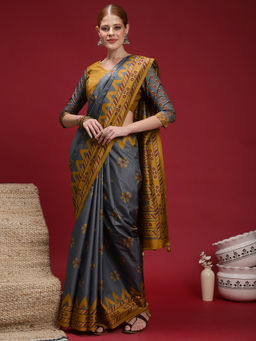 Akhilam - Women's Silk Blend Grey Digital Print Saree with Unstitched Blouse