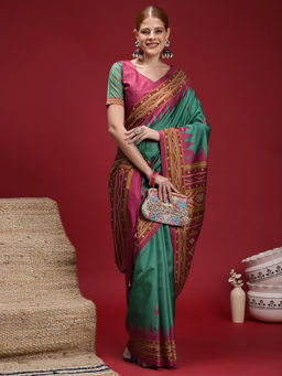 Akhilam - Women's Silk Blend Green Digital Print Saree with Unstitched Blouse