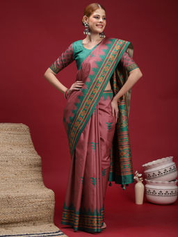 Akhilam - Women's Silk Blend Pink Digital Print Saree with Unstitched Blouse