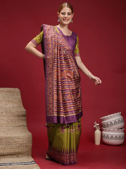 Akhilam - Women's Silk Blend Green Digital Print Saree with Unstitched Blouse