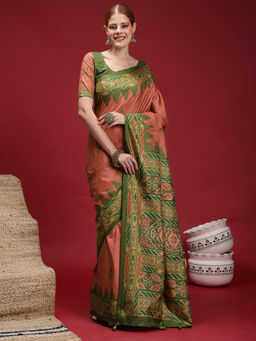 Akhilam - Women's Silk Blend Rust Digital Print Saree with Unstitched Blouse
