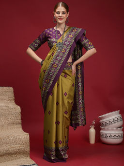 Akhilam - Women's Silk Blend Olive Digital Print Saree with Unstitched Blouse