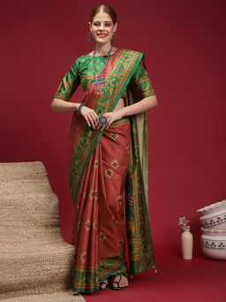 Akhilam - Women's Silk Blend Rust Digital Print Saree with Unstitched Blouse
