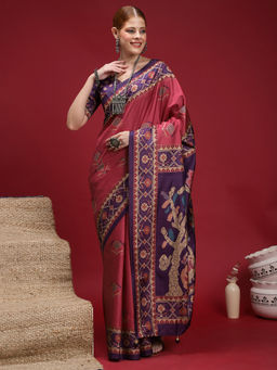 Akhilam - Women's Silk Blend Mauve Digital Print Saree with Unstitched Blouse