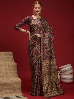Akhilam - Women's Silk Blend Maroon Printed Saree with Unstitched Blouse