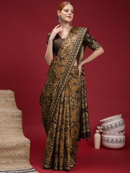 Akhilam - Women's Silk Blend Brown Printed Saree with Unstitched Blouse