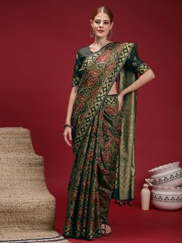 Akhilam - Women's Silk Blend Dark Green Printed Saree with Unstitched Blouse