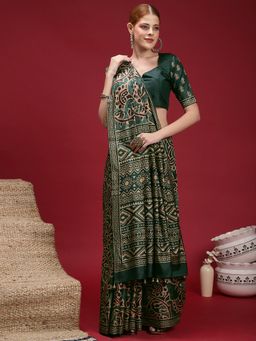 Akhilam - Women's Silk Blend Dark Green Printed Saree with Unstitched Blouse