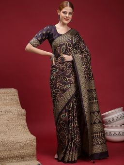 Akhilam - Women's Silk Blend Dark Brown Printed Saree with Unstitched Blouse