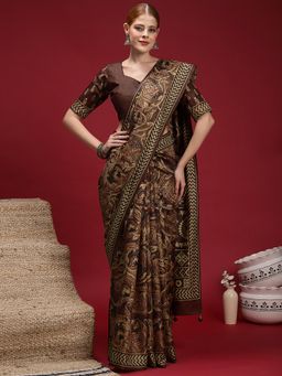 Akhilam - Women's Silk Blend Brown Printed Saree with Unstitched Blouse