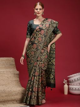 Akhilam - Women's Silk Blend Dark Green Printed Saree with Unstitched Blouse