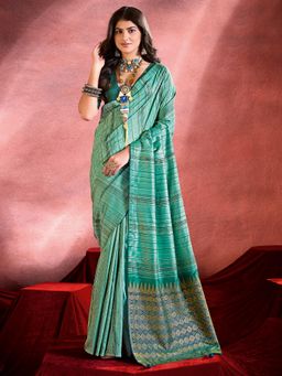 Akhilam - Women's Tussar Silk Turquoise Printed Saree with Unstitched Blouse