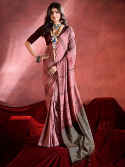 Akhilam - Women's Tussar Silk Peach Printed Saree with Unstitched Blouse