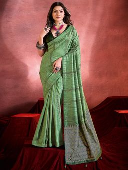 Akhilam - Women's Tussar Silk Light Green Printed Saree with Unstitched Blouse