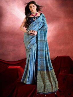 Akhilam - Women's Tussar Silk Light Blue Printed Saree with Unstitched Blouse