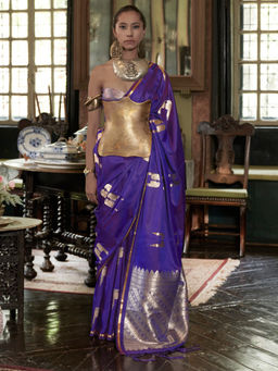Akhilam - Women's Satin Purple Woven Design Saree with Unstitched Blouse
