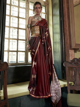 Akhilam - Women's Satin Maroon Woven Design Saree with Unstitched Blouse