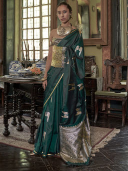 Akhilam - Women's Satin Dark Green Woven Design Saree with Unstitched Blouse