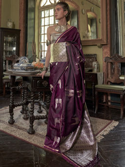 Akhilam - Women's Satin Burgundy Woven Design Saree with Unstitched Blouse